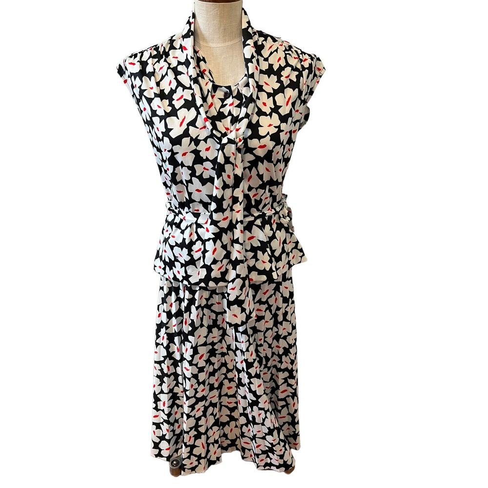Vintage 60s Modest Midi Skirt Set Black White Floral Print